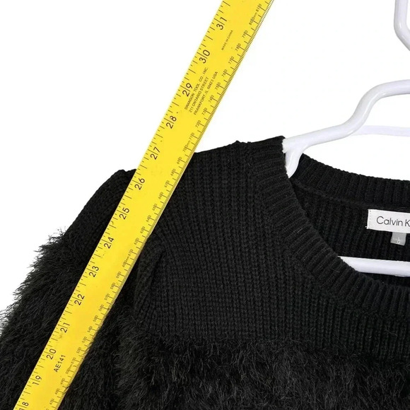 Calvin Klein Womens L Black Fuzzy Textured Knit Sweater Soft Faux Fur Crew Neck - Picture 12 of 16